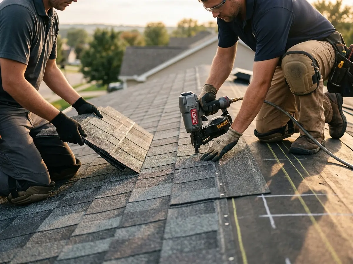 Professional roofer working on a residential roof in Dorr